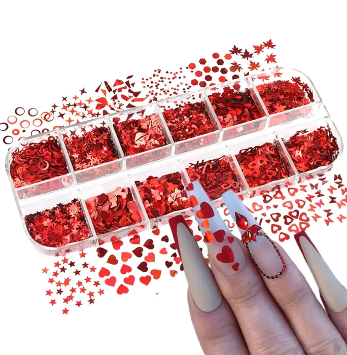 Holographic Heart Nail Design Glitter Flakes, Valentine's Nail Paillettes Designs