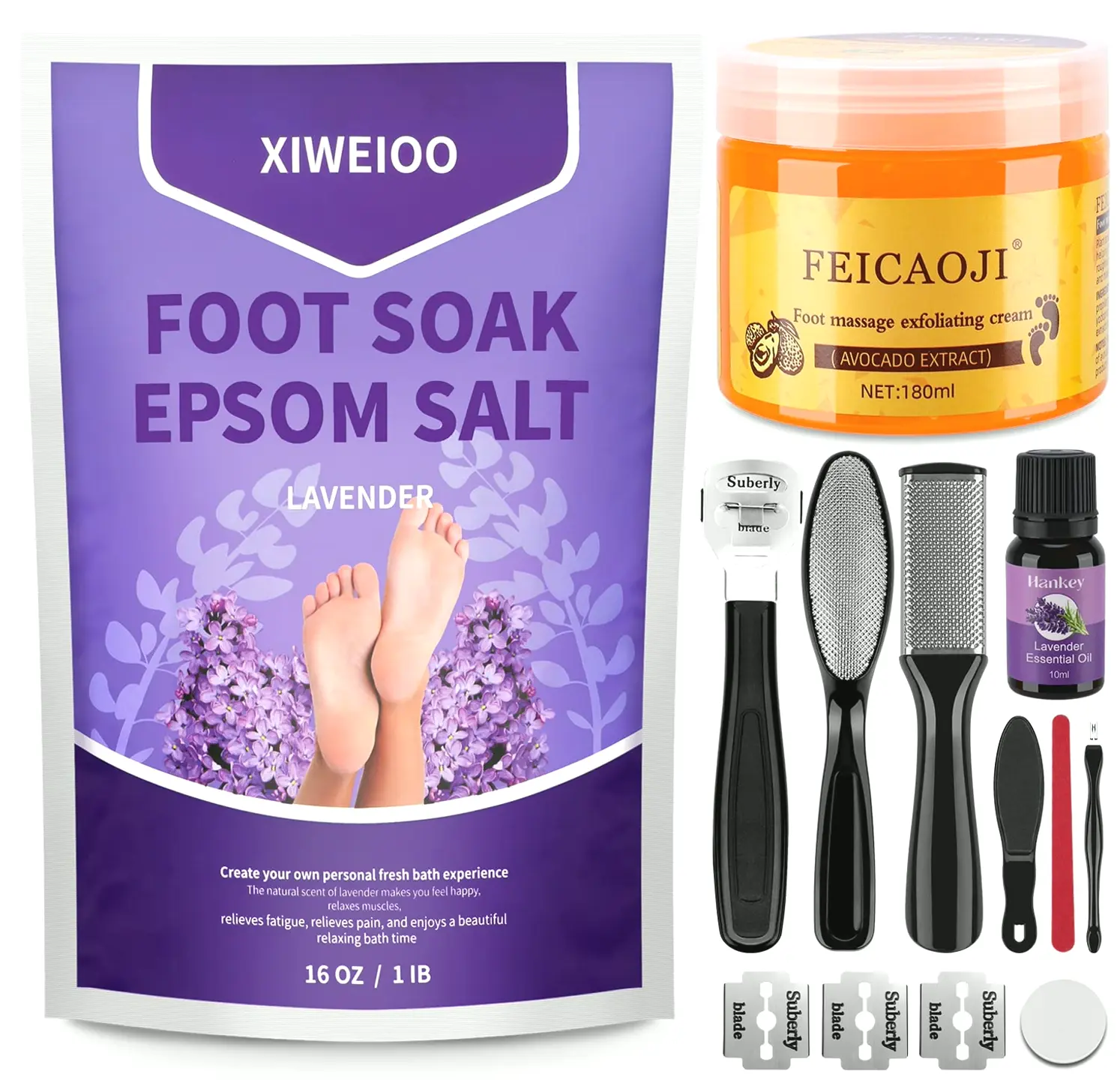 Lavender Foot Soak Salts Kit - Pedicure Tool