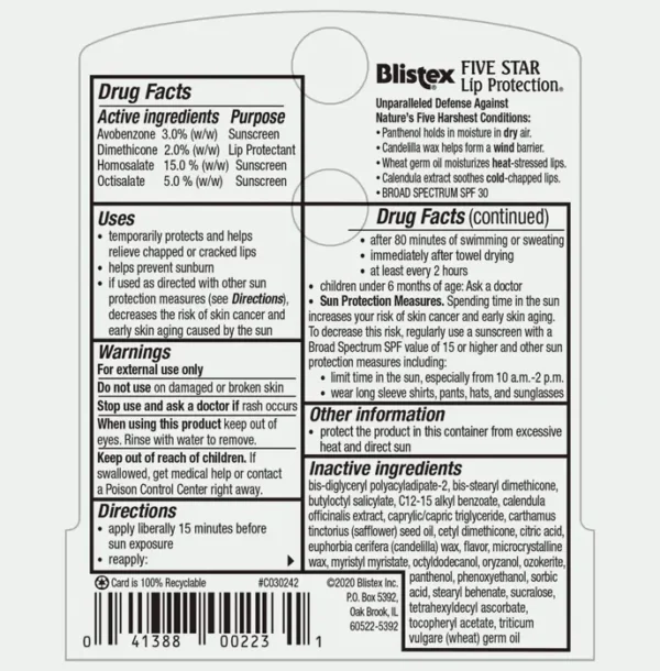 Blistex 5-Star Lip Balm, 0.15 Oz - Wind & H2O Proof, SPF 30 Sun Guard
