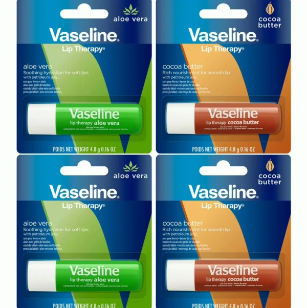 Vaseline's Lip Balm Assortment 4-Pack – Cocoa Butter + Aloe Hydrating Lip Care with Vitamin E, 0.16 Oz Ea