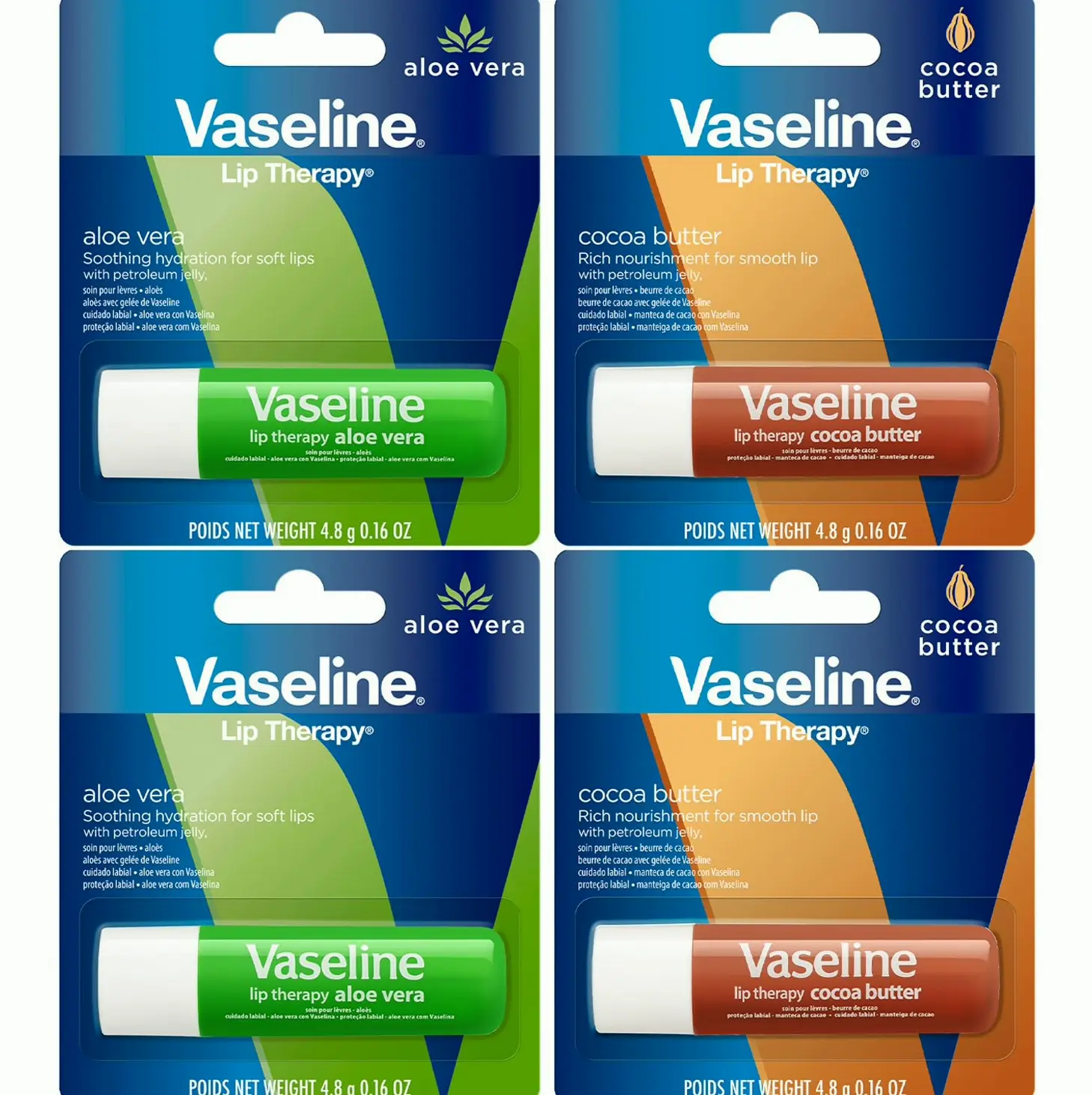 Vaseline's Lip Balm Assortment 4-Pack – Cocoa Butter + Aloe Hydrating Lip Care with Vitamin E, 0.16 Oz Ea